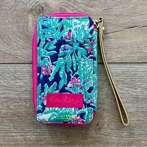Lilly Pulitzer Tiki Palm Wristlet High Tide Navy Flock Phone Card Case.